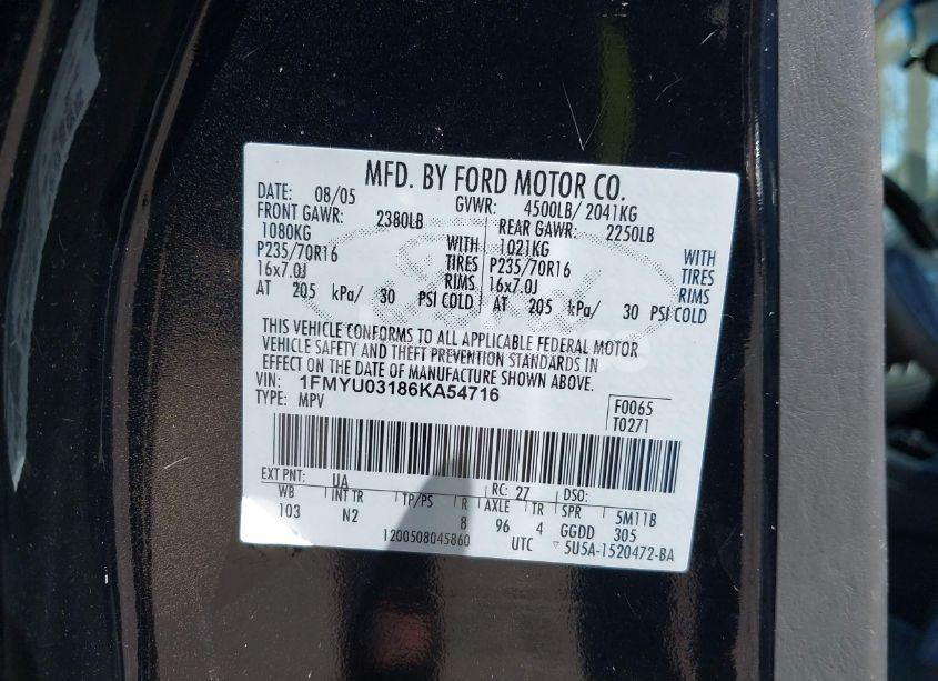 Photo 9 of 2006 Ford Escape XLT/XLT SPORT (VIN 1FMYU03186KA54716)