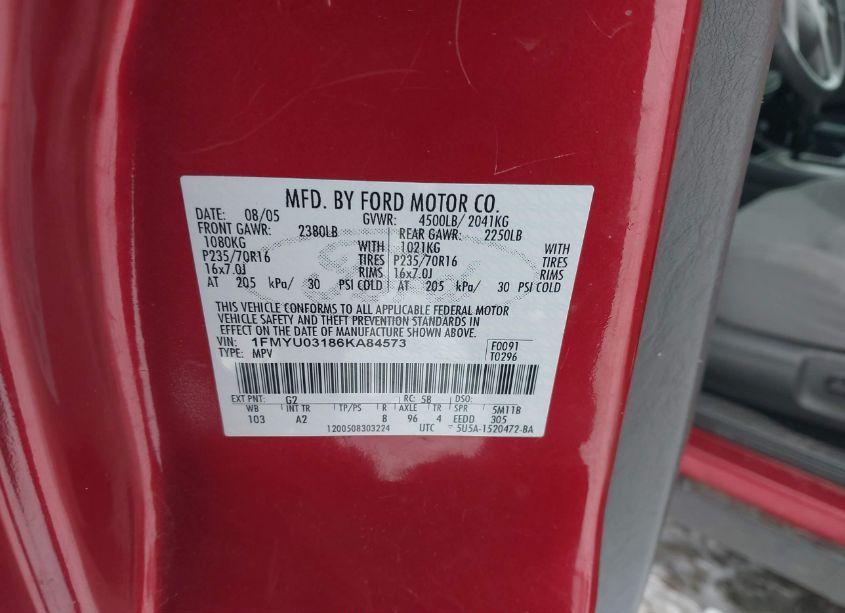 Photo 9 of 2006 Ford Escape XLT/XLT SPORT (VIN 1FMYU03186KA84573)