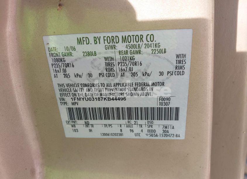 Photo 9 of 2007 Ford Escape XLT/XLT SPORT (VIN 1FMYU03187KB44496)