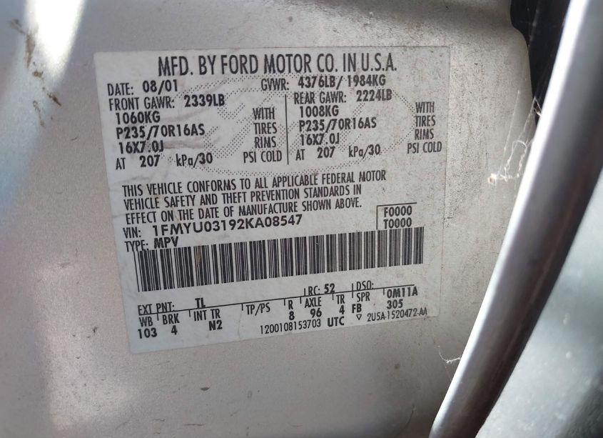 Photo 9 of 2002 Ford Escape XLT (VIN 1FMYU03192KA08547)