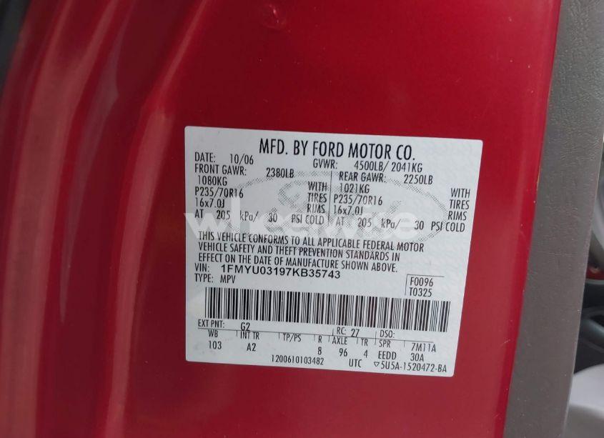 Photo 9 of 2007 Ford Escape XLT/XLT SPORT (VIN 1FMYU03197KB35743)