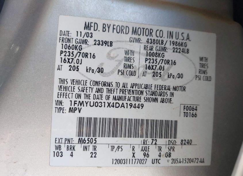 Photo 9 of 2004 Ford Escape XLT (VIN 1FMYU031X4DA19449)