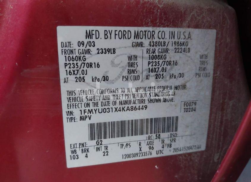 Photo 9 of 2004 Ford Escape XLT (VIN 1FMYU031X4KA86449)