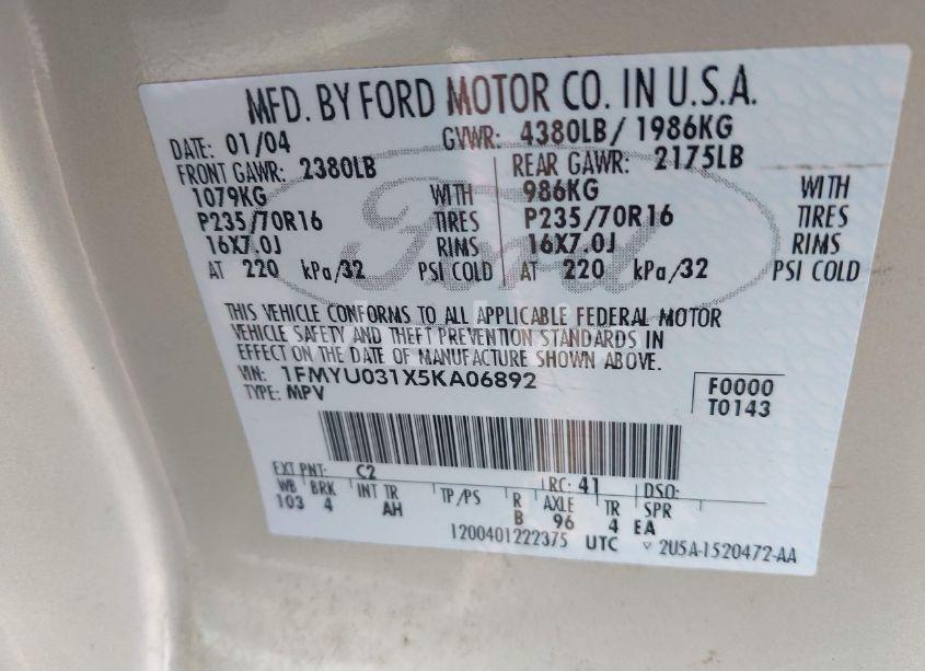 Photo 9 of 2005 Ford Escape XLT (VIN 1FMYU031X5KA06892)