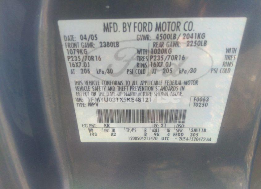 Photo 9 of 2005 Ford Escape XLT (VIN 1FMYU031X5KE48121)