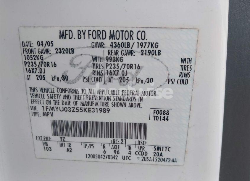 Photo 9 of 2005 Ford Escape XLT (VIN 1FMYU03Z55KE31989)