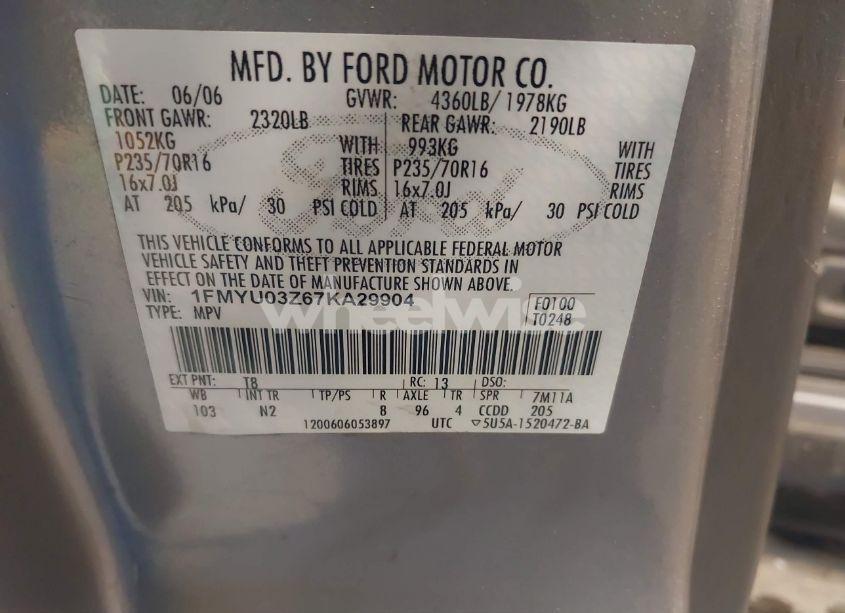 Photo 9 of 2007 Ford Escape XLT (VIN 1FMYU03Z67KA29904)