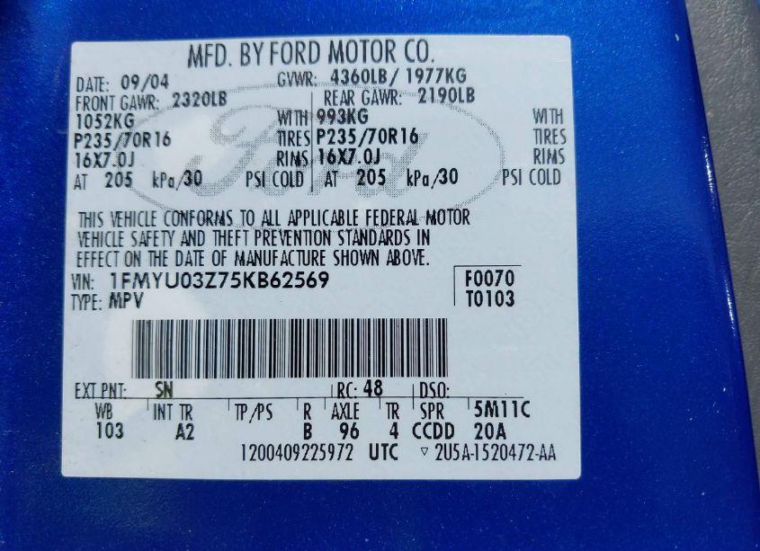 Photo 9 of 2005 Ford Escape XLT (VIN 1FMYU03Z75KB62569)