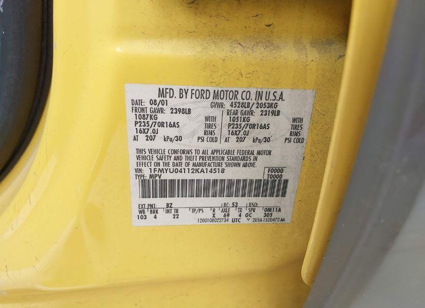 Photo 9 of 2002 Ford Escape XLT (VIN 1FMYU04112KA14518)