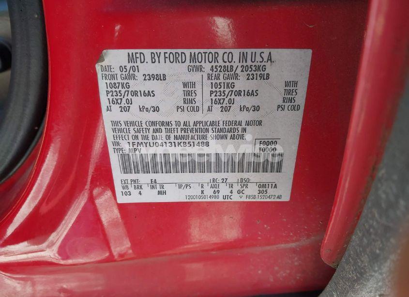 Photo 9 of 2001 Ford Escape XLT (VIN 1FMYU04131KB51488)
