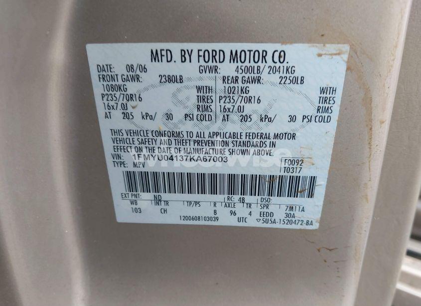 Photo 9 of 2007 Ford Escape LIMITED (VIN 1FMYU04137KA67003)