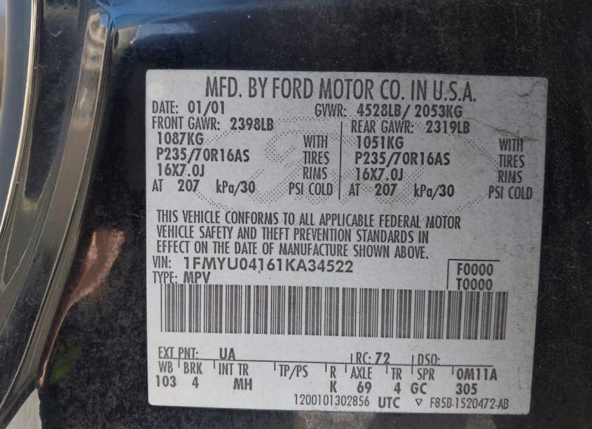 Photo 9 of 2001 Ford Escape XLT (VIN 1FMYU04161KA34522)