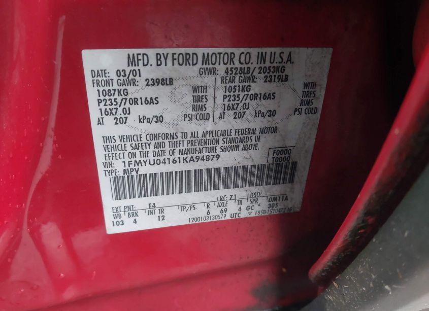 Photo 9 of 2001 Ford Escape XLT (VIN 1FMYU04161KA94879)