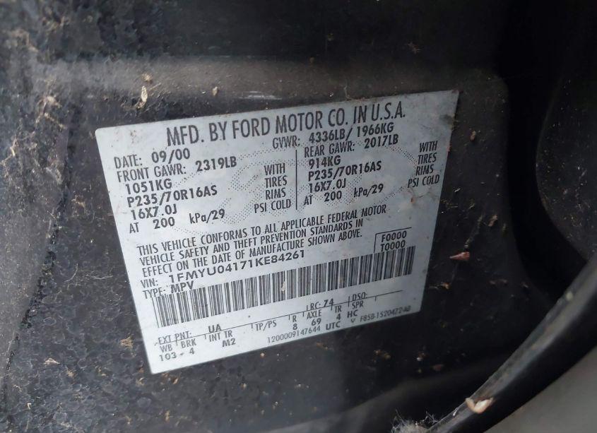 Photo 9 of 2001 Ford Escape XLT (VIN 1FMYU04171KE84261)