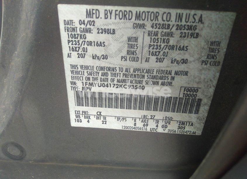Photo 9 of 2002 Ford Escape XLT (VIN 1FMYU04172KC93540)