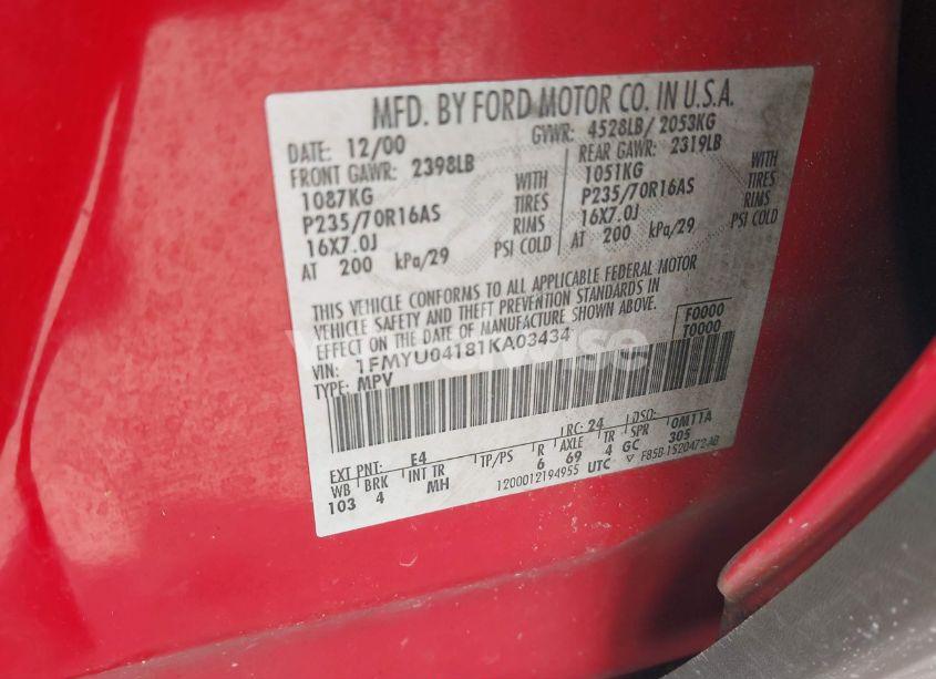 Photo 9 of 2001 Ford Escape XLT (VIN 1FMYU04181KA03434)