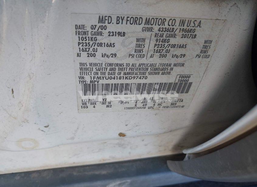 Photo 9 of 2001 Ford Escape XLT (VIN 1FMYU04181KD97470)