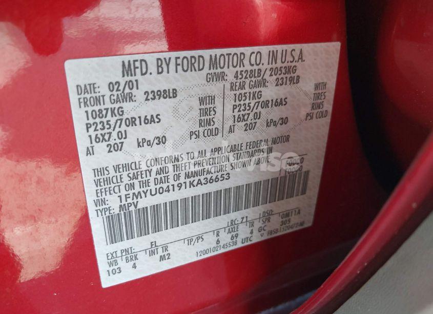 Photo 9 of 2001 Ford Escape XLT (VIN 1FMYU04191KA36653)