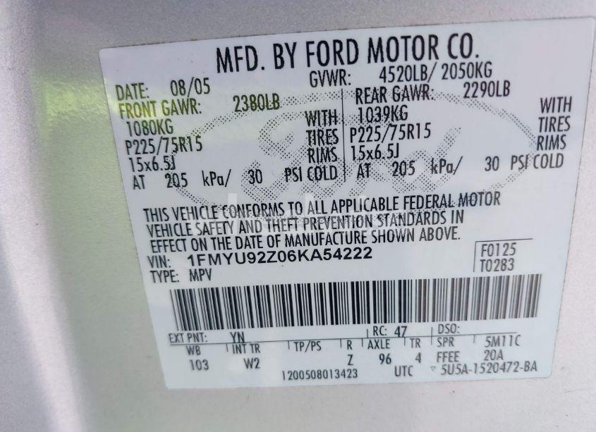 Photo 9 of 2006 Ford Escape XLS/XLS MANUAL (VIN 1FMYU92Z06KA54222)