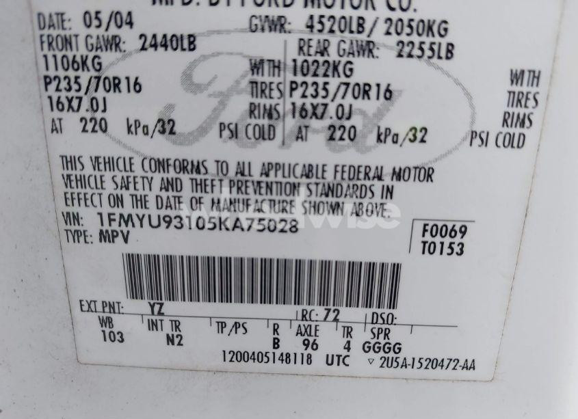 Photo 9 of 2005 Ford Escape XLT (VIN 1FMYU93105KA75028)