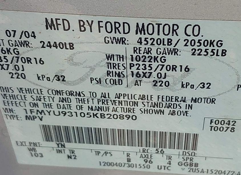 Photo 9 of 2005 Ford Escape XLT (VIN 1FMYU93105KB20890)