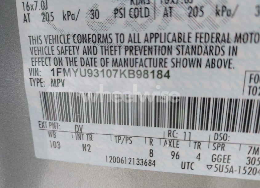 Photo 9 of 2007 Ford Escape XLT/XLT SPORT (VIN 1FMYU93107KB98184)