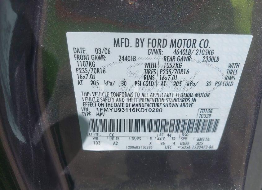 Photo 9 of 2006 Ford Escape XLT/XLT SPORT (VIN 1FMYU93116KD10280)