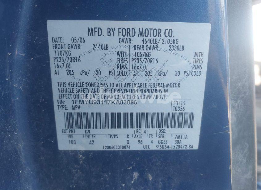 Photo 9 of 2007 Ford Escape XLT/XLT SPORT (VIN 1FMYU93117KA03886)