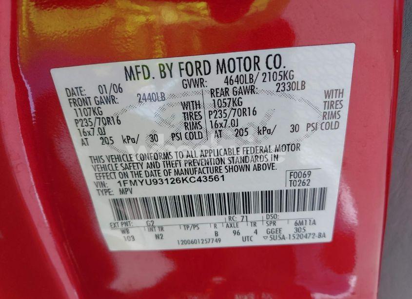 Photo 9 of 2006 Ford Escape XLT/XLT SPORT (VIN 1FMYU93126KC43561)