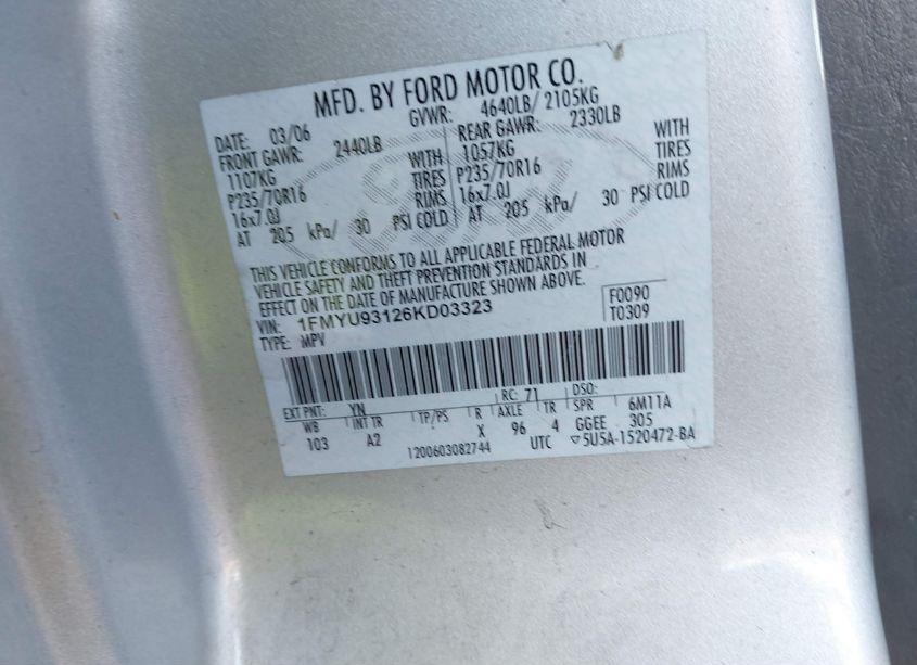 Photo 9 of 2006 Ford Escape XLT/XLT SPORT (VIN 1FMYU93126KD03323)