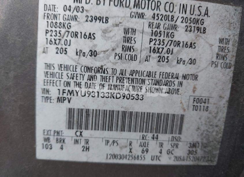 Photo 9 of 2003 Ford Escape XLT (VIN 1FMYU93133KD90533)