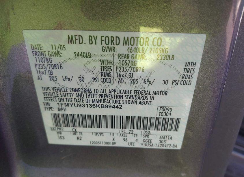 Photo 9 of 2006 Ford Escape XLT/XLT SPORT (VIN 1FMYU93136KB99442)