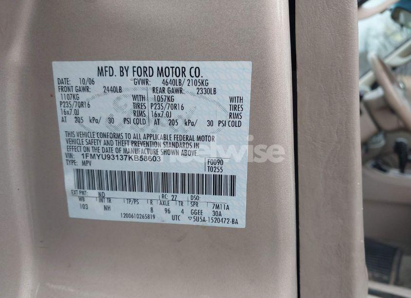 Photo 9 of 2007 Ford Escape XLT/XLT SPORT (VIN 1FMYU93137KB58603)