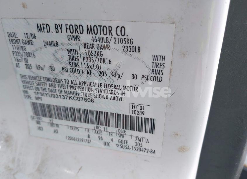 Photo 9 of 2007 Ford Escape XLT/XLT SPORT (VIN 1FMYU93137KC07508)