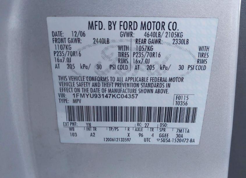 Photo 9 of 2007 Ford Escape XLT/XLT SPORT (VIN 1FMYU93147KC04357)