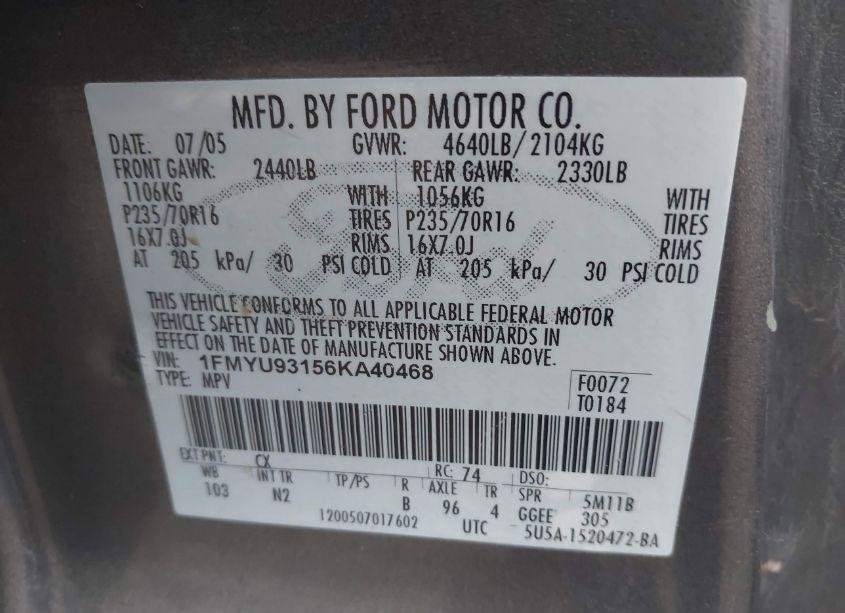 Photo 9 of 2006 Ford Escape XLT/XLT SPORT (VIN 1FMYU93156KA40468)