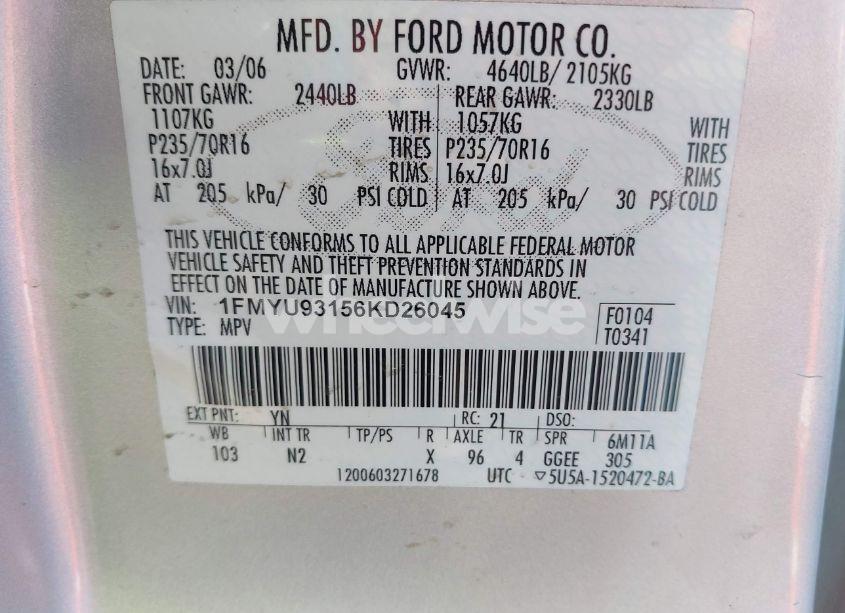 Photo 9 of 2006 Ford Escape XLT/XLT SPORT (VIN 1FMYU93156KD26045)