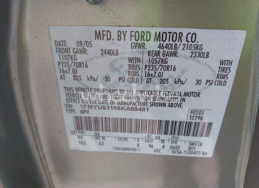 Photo 9 of 2006 Ford Escape XLT/XLT SPORT (VIN 1FMYU93166KA88481)