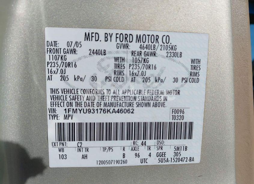 Photo 9 of 2006 Ford Escape XLT/XLT SPORT (VIN 1FMYU93176KA46062)