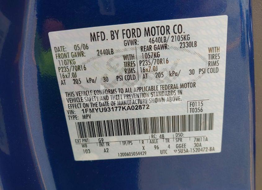 Photo 9 of 2007 Ford Escape XLT/XLT SPORT (VIN 1FMYU93177KA02872)