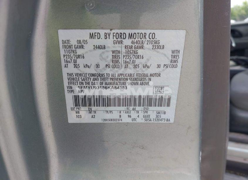 Photo 9 of 2006 Ford Escape XLT/XLT SPORT (VIN 1FMYU93186KA84383)