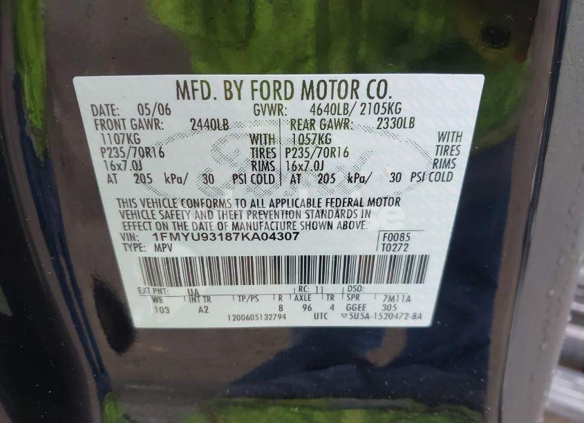 Photo 9 of 2007 Ford Escape XLT/XLT SPORT (VIN 1FMYU93187KA04307)