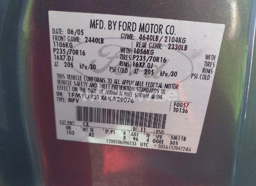 Photo 9 of 2006 Ford Escape XLT/XLT SPORT (VIN 1FMYU931X6KA29076)