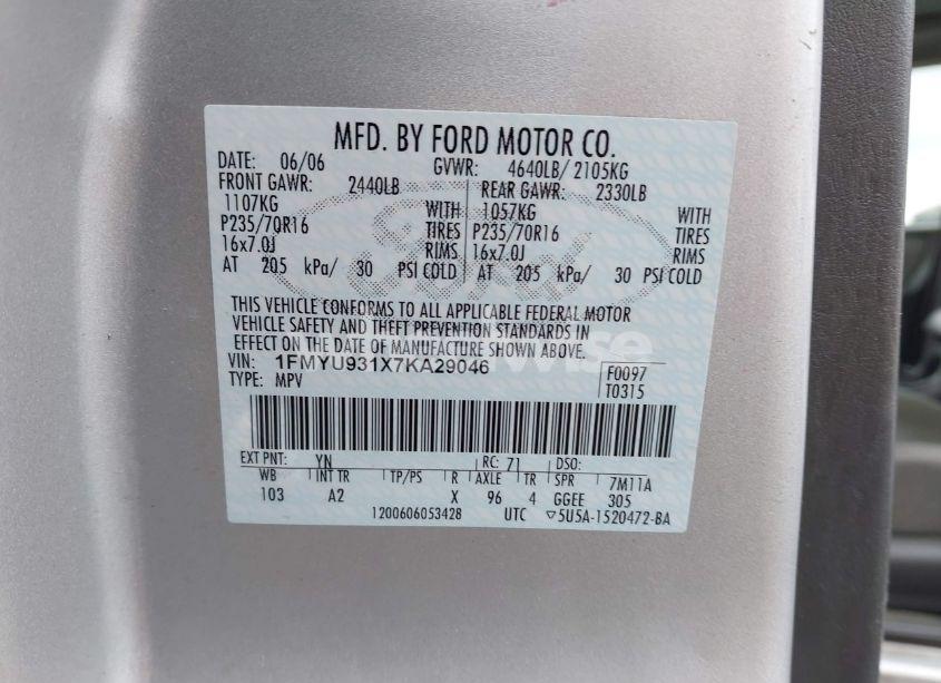 Photo 9 of 2007 Ford Escape XLT/XLT SPORT (VIN 1FMYU931X7KA29046)