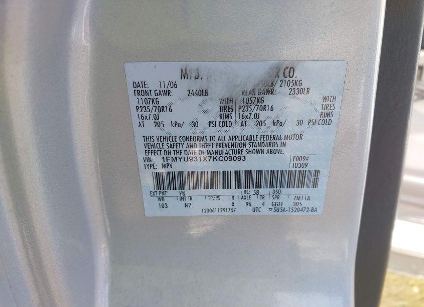 Photo 9 of 2007 Ford Escape XLT/XLT SPORT (VIN 1FMYU931X7KC09093)