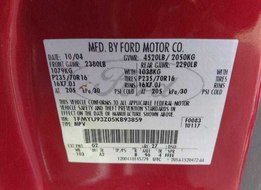 Photo 9 of 2005 Ford Escape XLT (VIN 1FMYU93Z05KB93859)