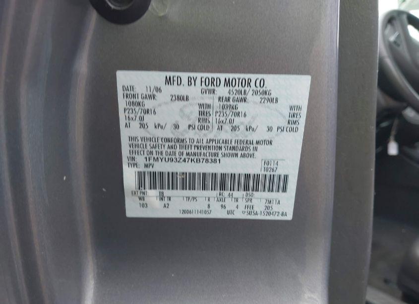 Photo 9 of 2007 Ford Escape XLT (VIN 1FMYU93Z47KB78381)