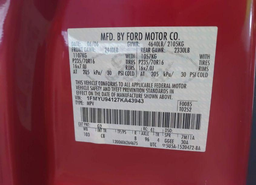 Photo 9 of 2007 Ford Escape LIMITED (VIN 1FMYU94127KA43943)