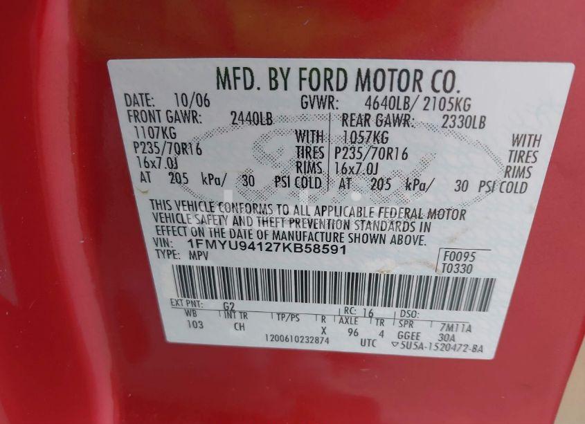 Photo 9 of 2007 Ford Escape LIMITED (VIN 1FMYU94127KB58591)