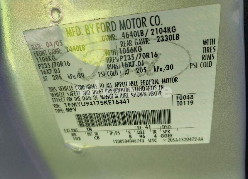 Photo 9 of 2005 Ford Escape LIMITED (VIN 1FMYU94175KE16441)